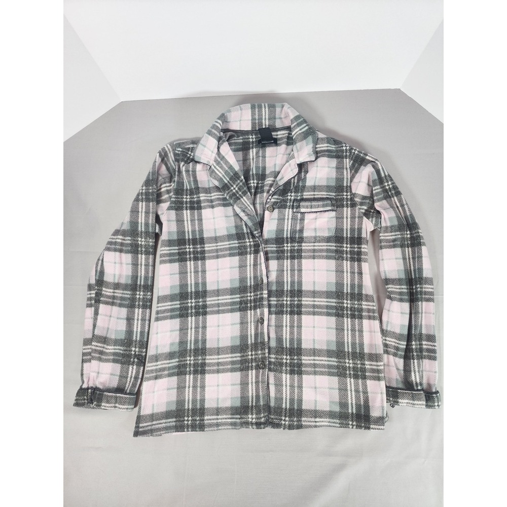 Aria Collection Womens Pink Grey Plaid Fleece Pajama Top Button‎ Down Small
